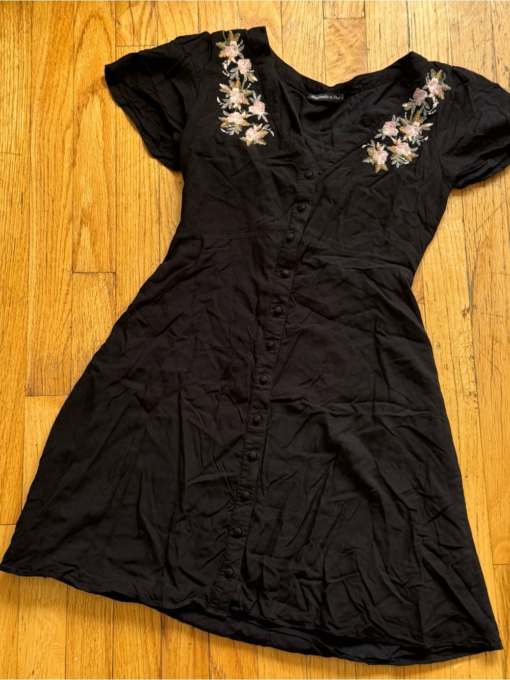 Abercrombie & Fitch Black V-Neck Button Dress with Pink Floral Embroidery